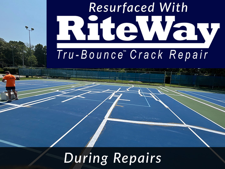 image 2 of a tennis court being resurfaced using the Rite Way Tru Bounce Crack Repair system
